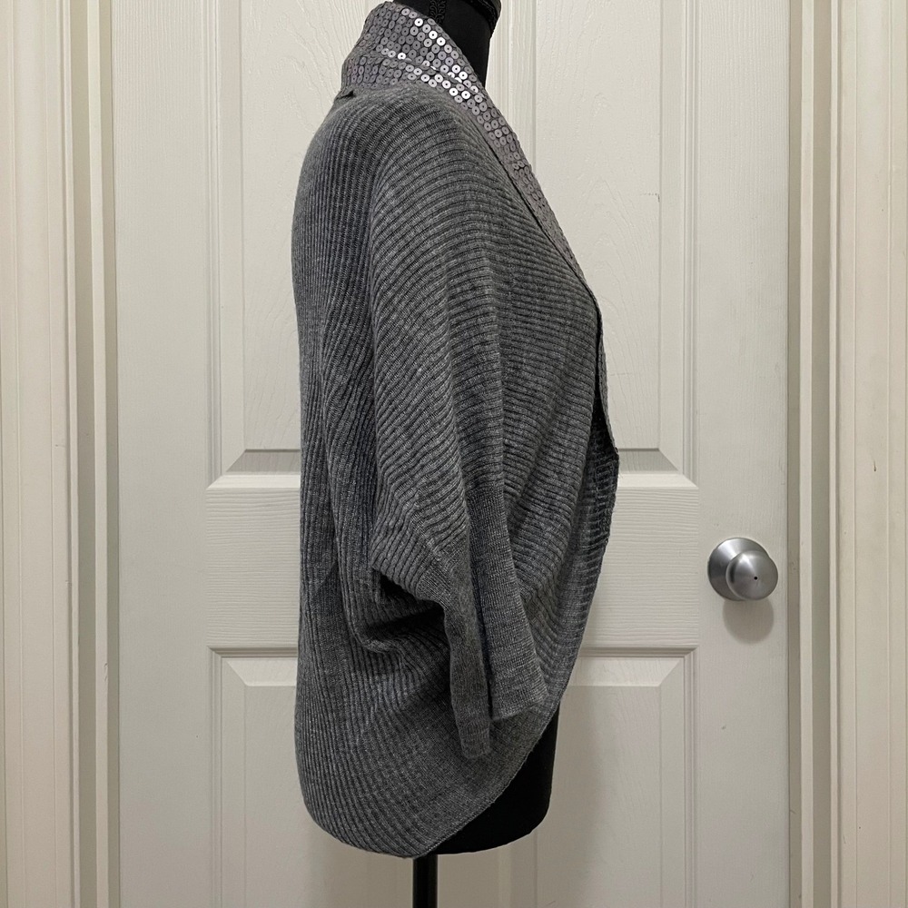 Vintage Cache Draped Open Front Cardigan Sweater Gray Wool Blend Sequin Trim S - Picture 3 of 9